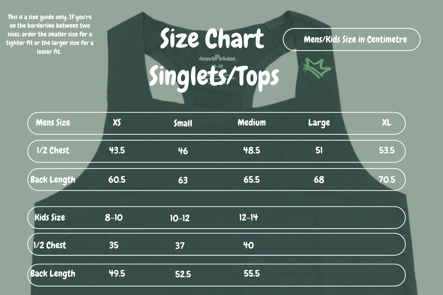 Cardio Kingz Singlet Size Chart